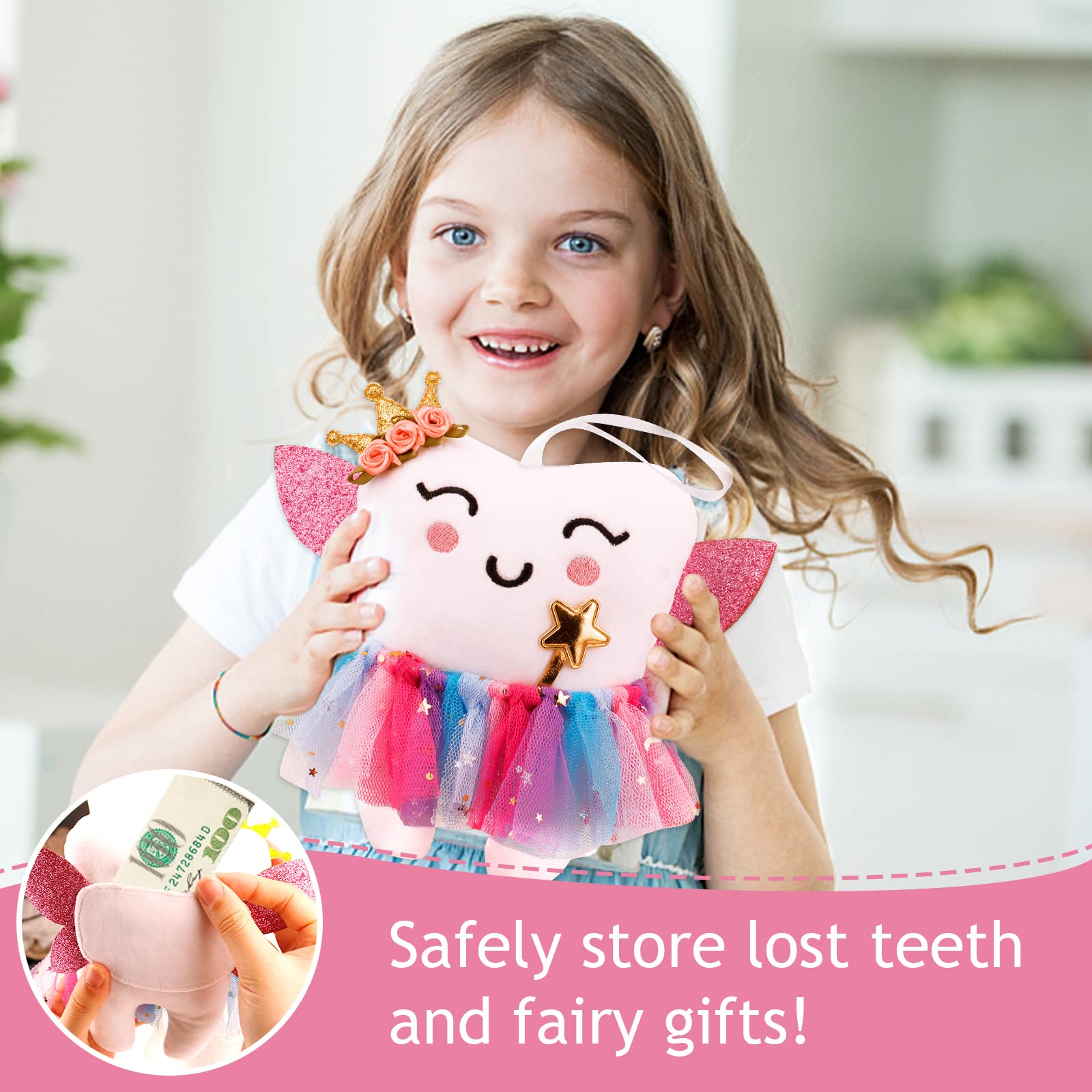 SQIMZAR Tooth Fairy Pillow with glittering wings adds magical charm.