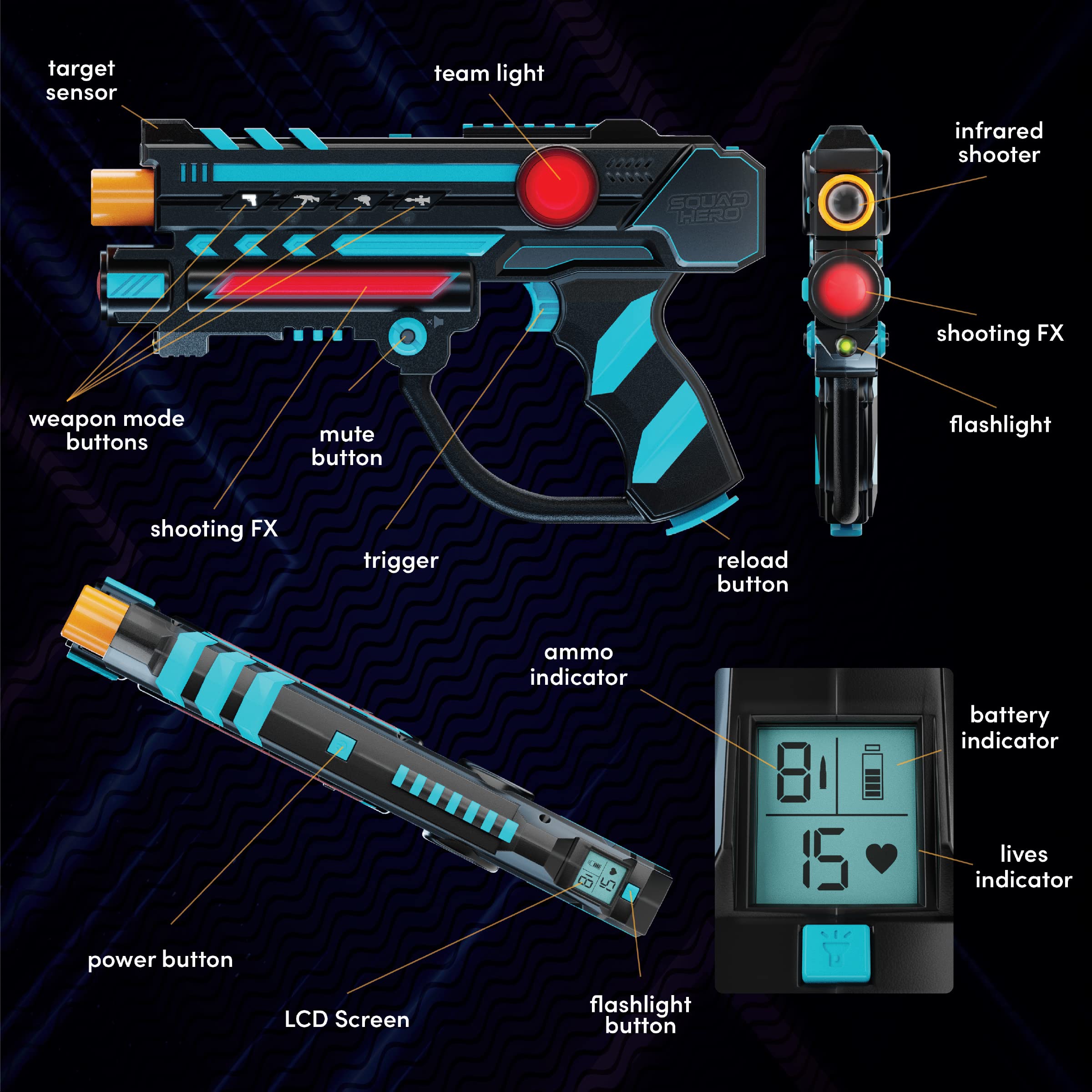 Squad Hero 360° sensors detect hits from every angle for fair play.