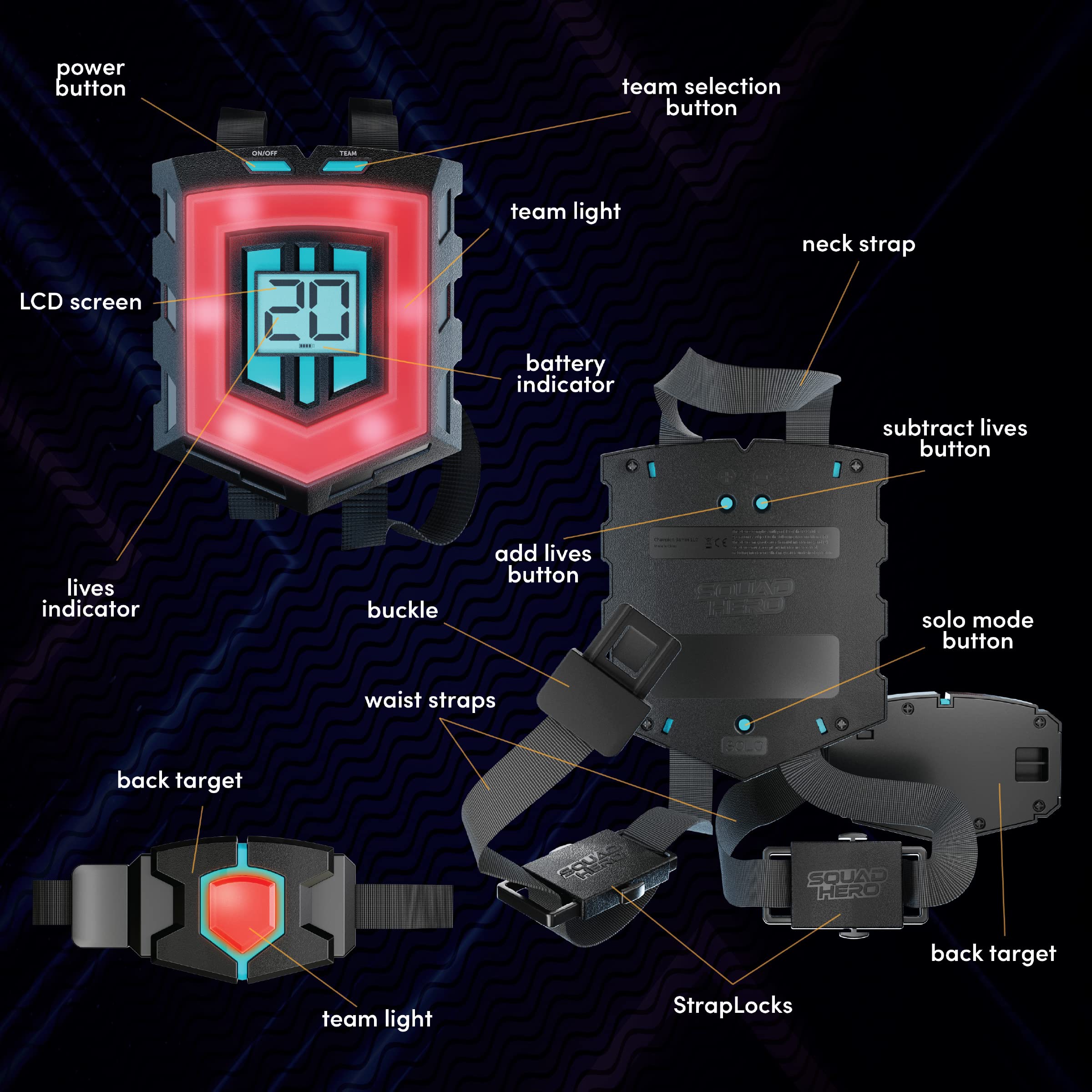 Squad Hero LCD HUD on guns and vests displays live status.