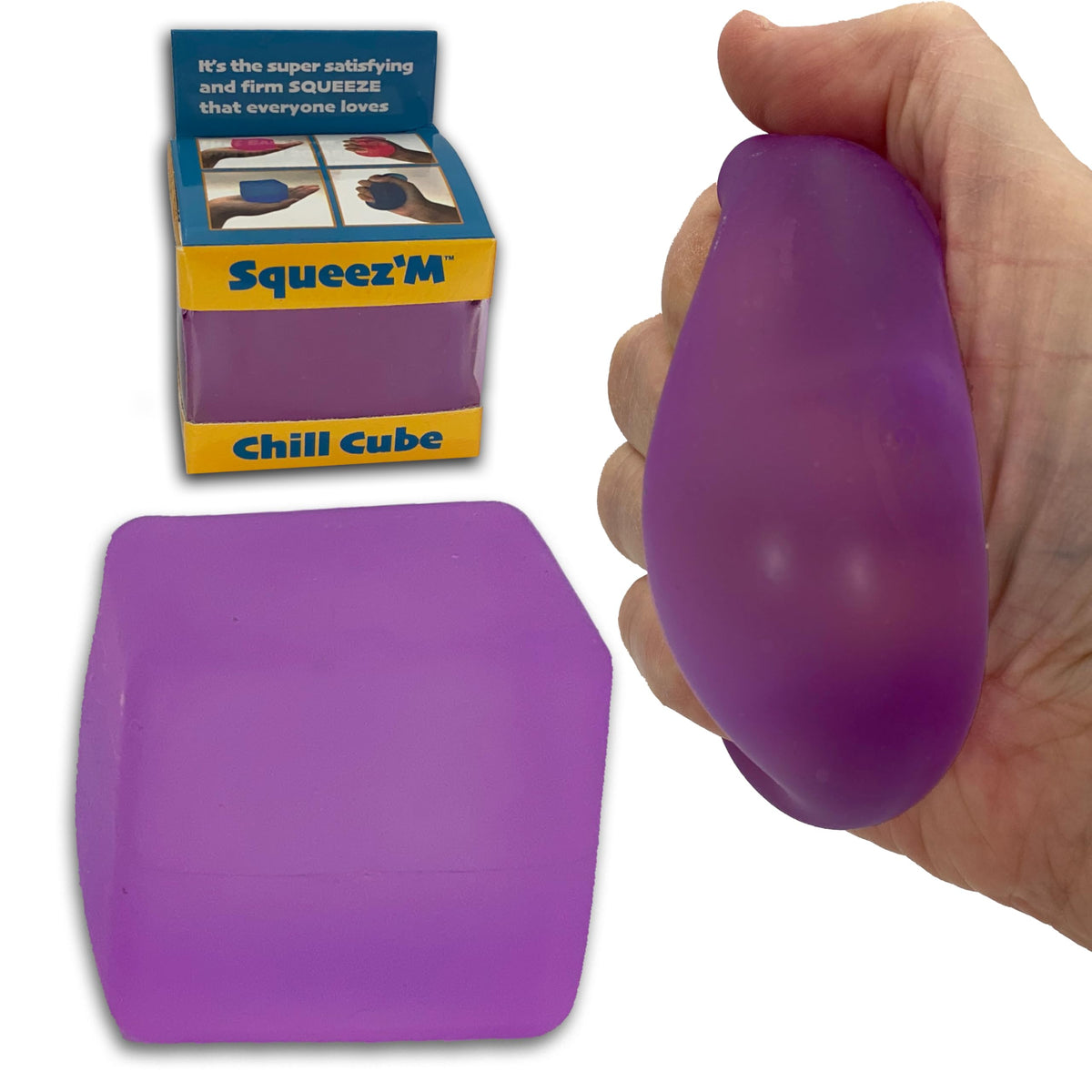 Squeez'M Chill Cube rests on a desk for discreet stress relief during work