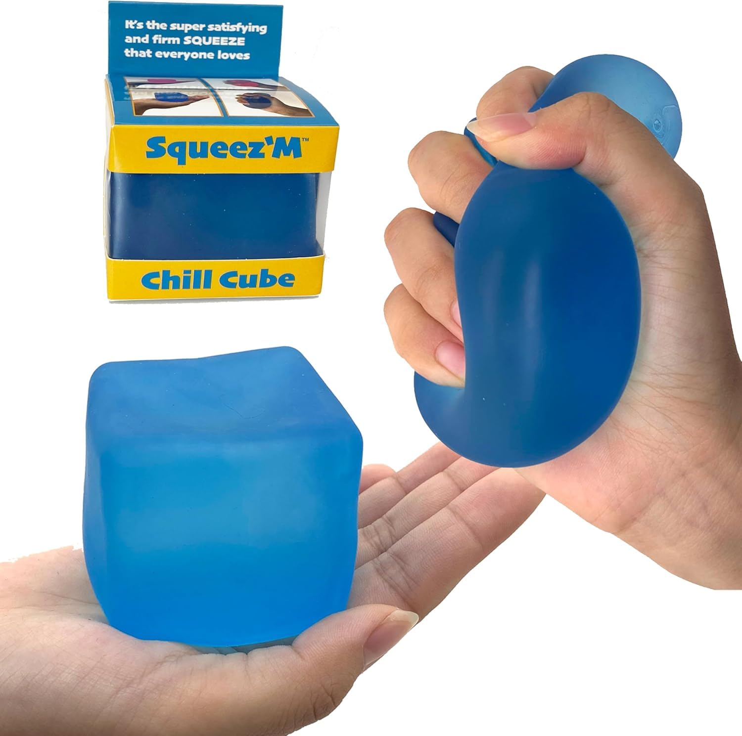 Squeez'M Chill Cube front view demonstrates compact, durable stress relief for daily use.