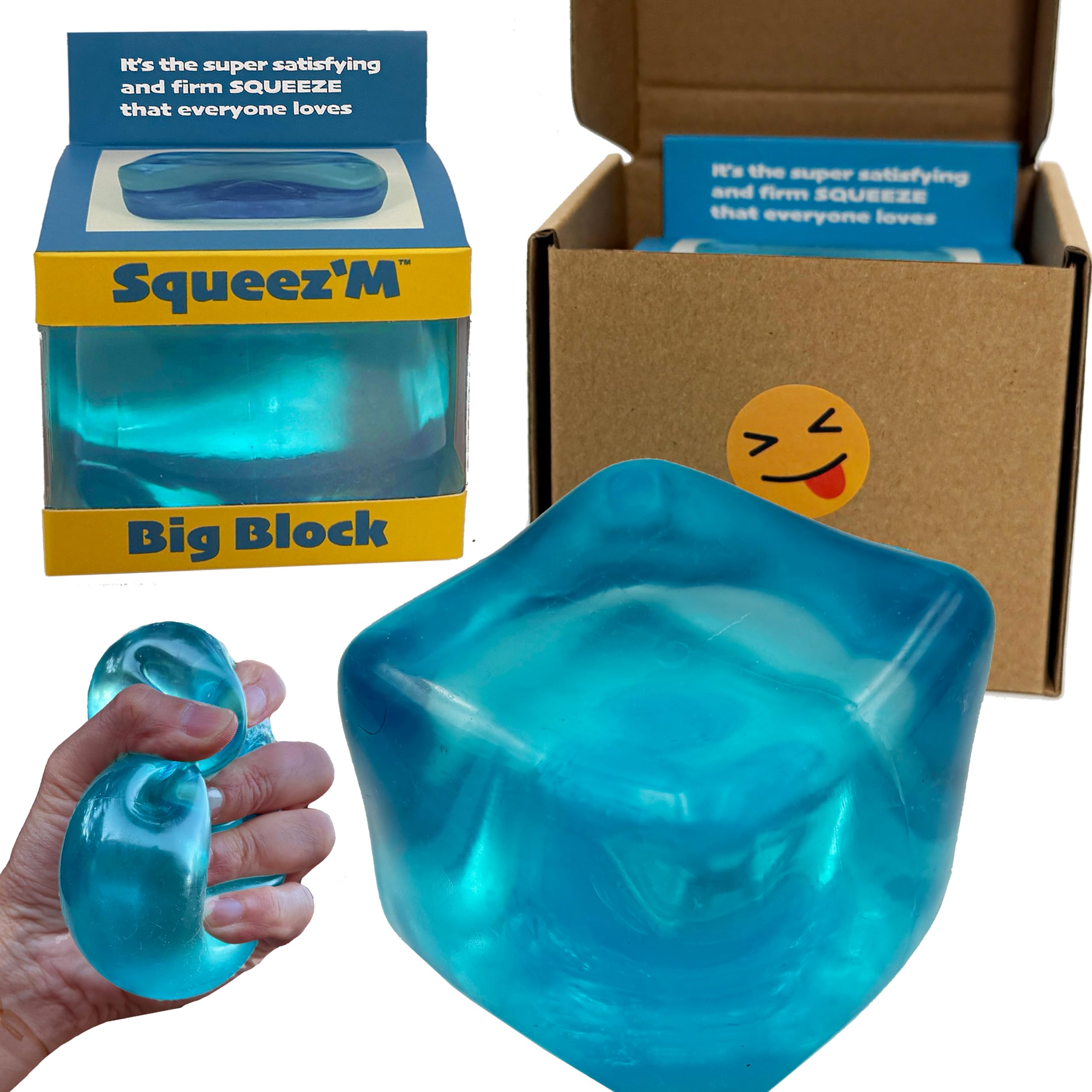 Squeez'M Premium Big Block Cube front view with tactile squish for focus.