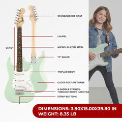 Squier Mini Strat Surf Green bundle includes tuner, cable, and strap.