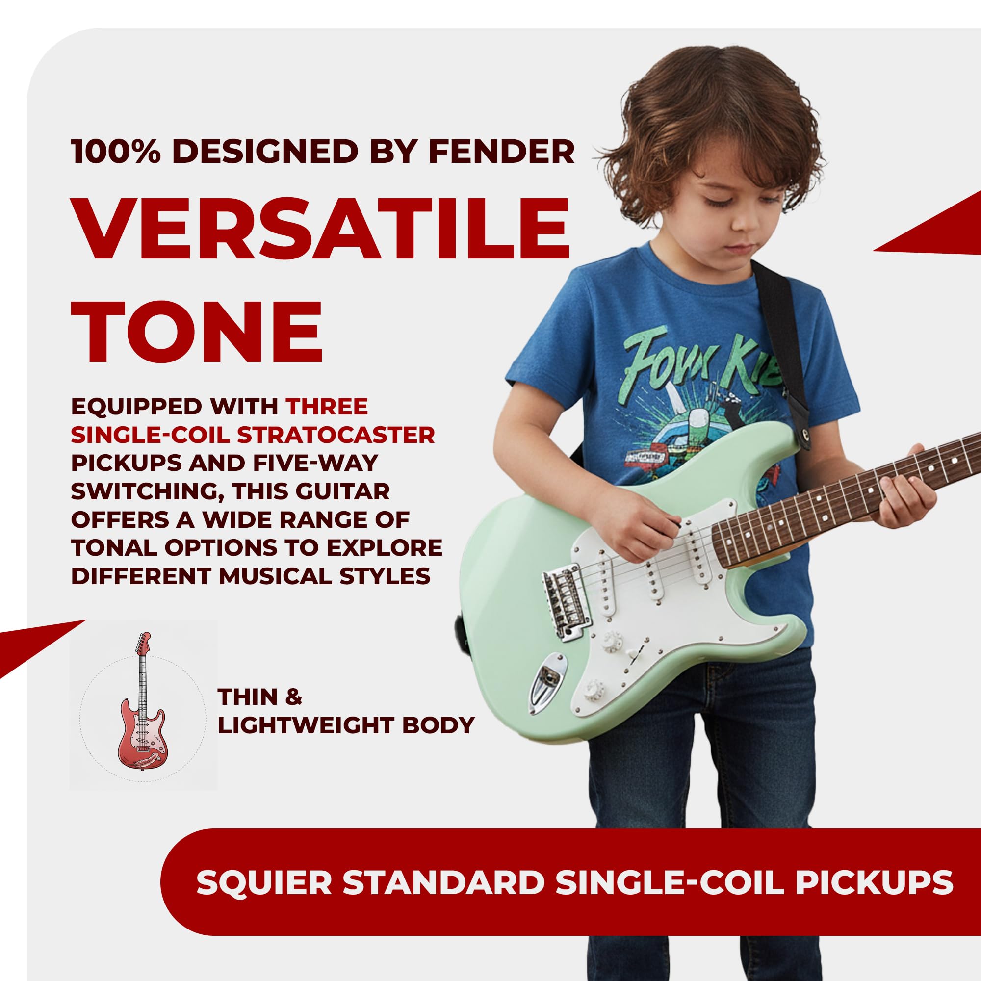 Squier Mini Strat Surf Green three single-coil pickups for versatile tones.