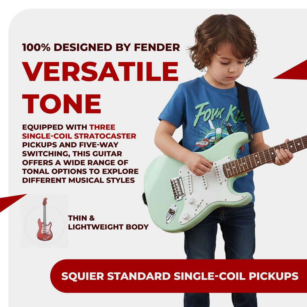 Squier Mini Strat Surf Green three single-coil pickups for versatile tones.