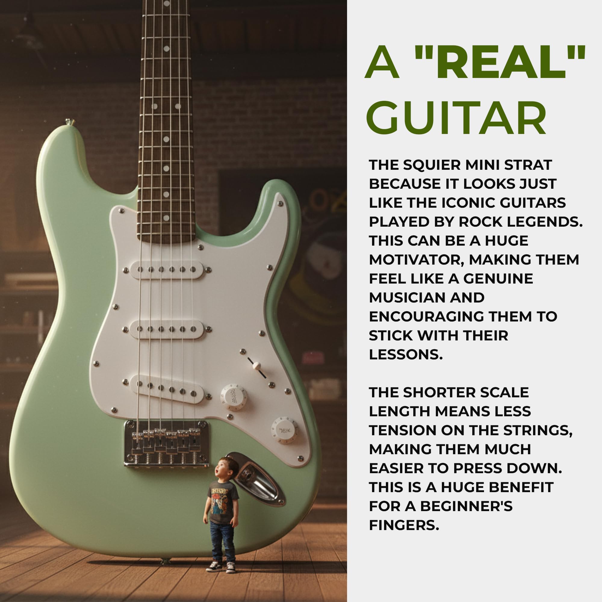 Squier Mini Strat Surf Green vintage hardtail bridge for tuning stability.