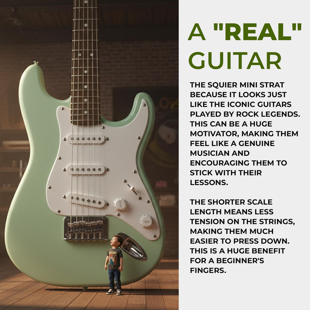 Squier Mini Strat Surf Green vintage hardtail bridge for tuning stability.
