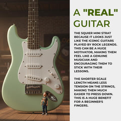Squier Mini Strat Surf Green vintage hardtail bridge for tuning stability.