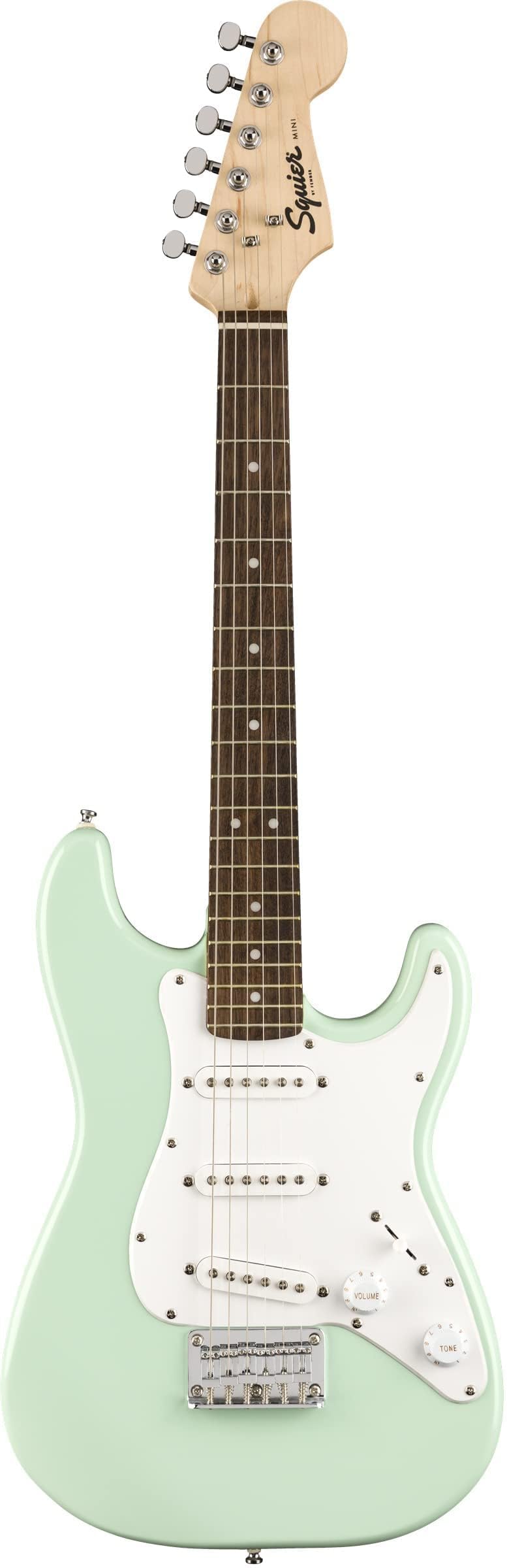 Squier Mini Strat Surf Green side-output jack for easy plugging in.