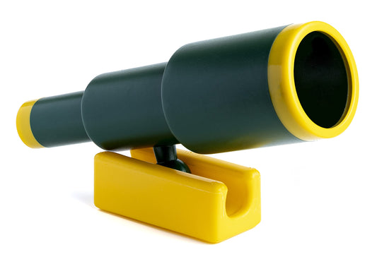 Squirrel Products pirate telescope attached to a swing set for imaginative outdoor exploration