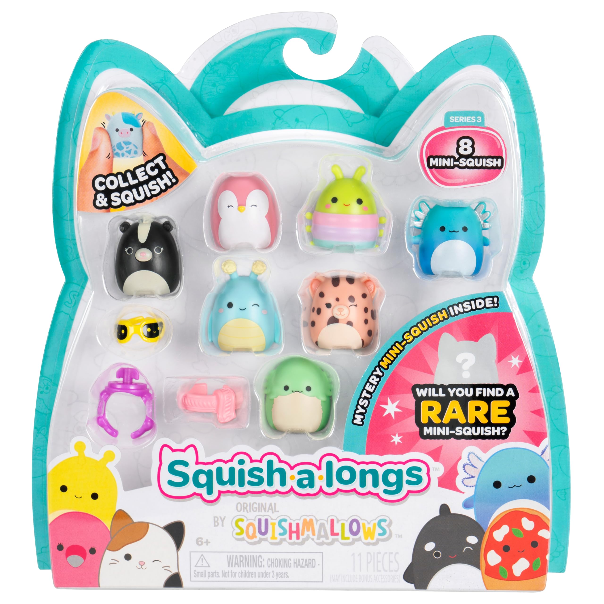 Squish-a-longs mini-squish ring attachment for portable play and styling on the go.