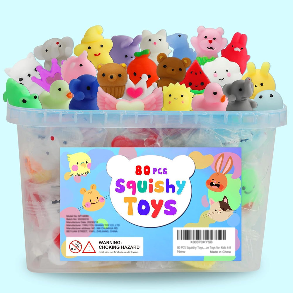 SquishiQ 80-piece party favors bucket, colorful mini squishies for playtime fun.