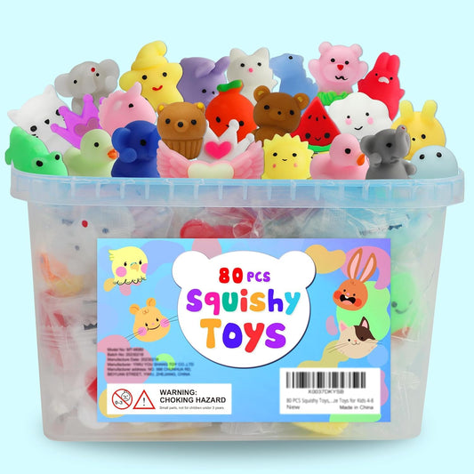 SquishiQ 80-piece party favors bucket, colorful mini squishies for playtime fun.