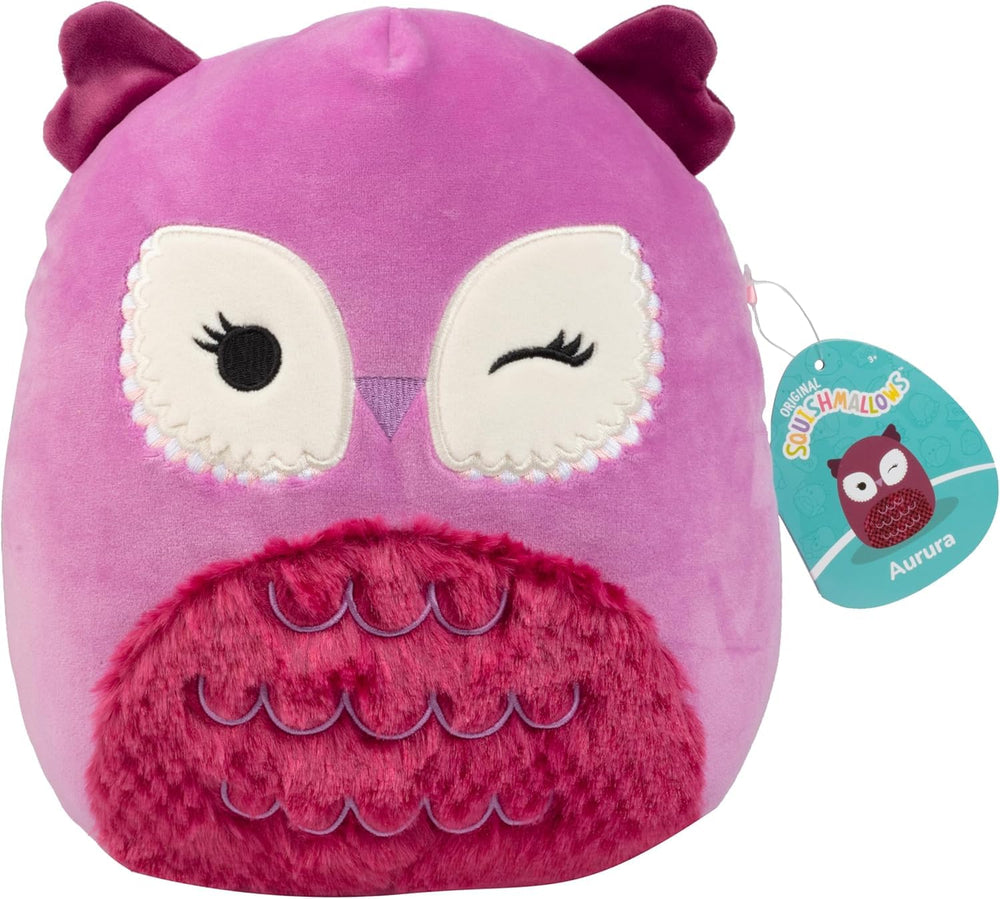 Squishmallows Aurora Owl face close-up highlights the cuddly plush texture and cute design