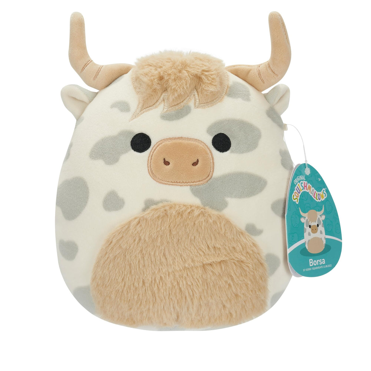 Squishmallows Borsa Grey Spotted Highland Cow plush close-up for cuddles