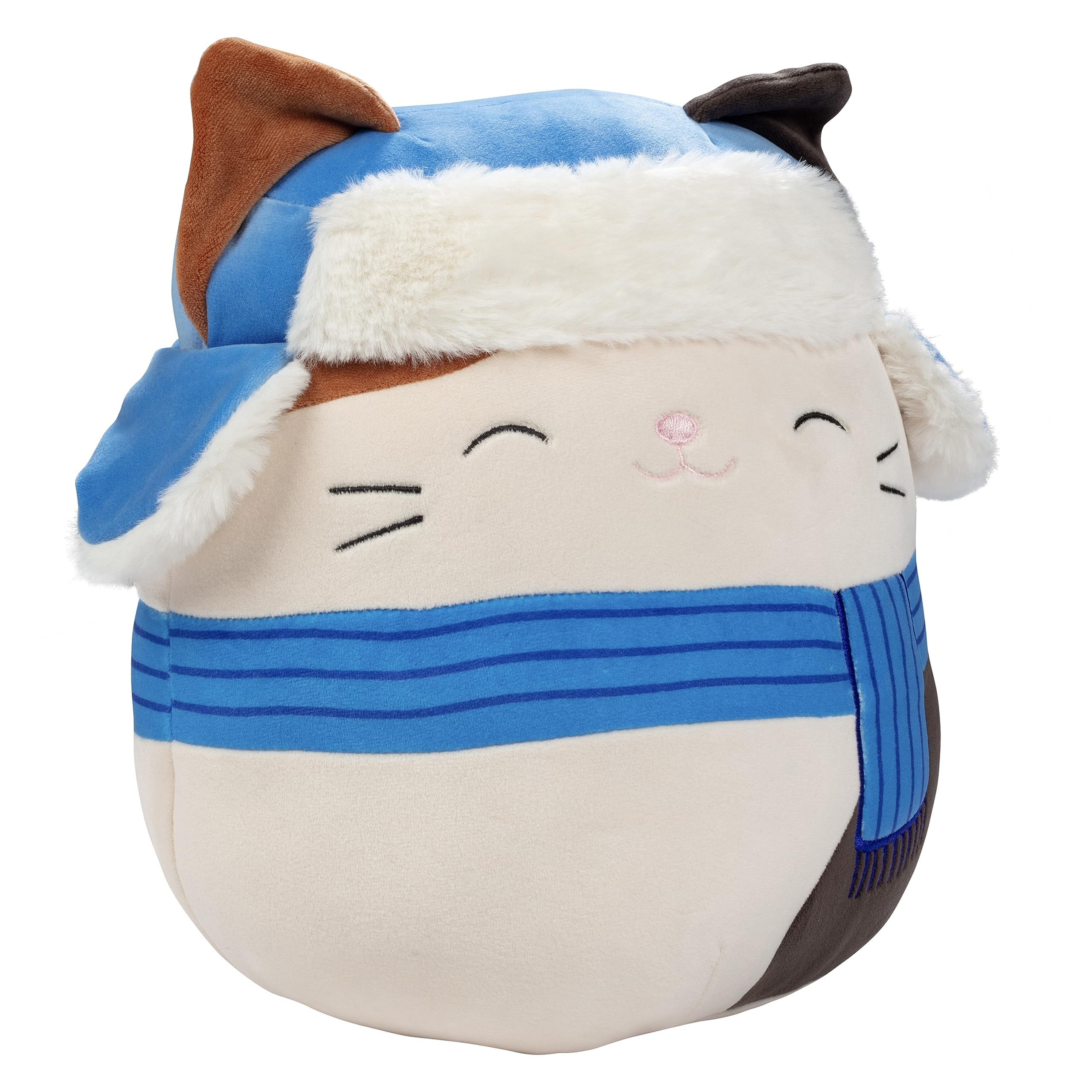 Closeup of Squishmallows Cam the Christmas Cat 10-inch plush with festive fur details