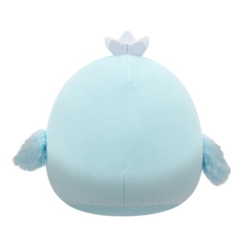 Full-body view of Cecilia the blue swan plush, 5 inches tall