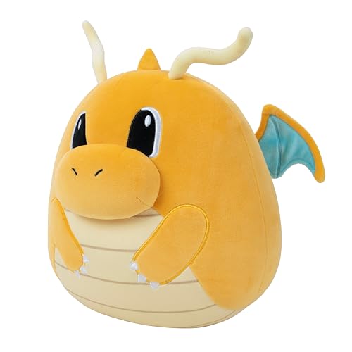 Close-up of Squishmallows Dragonite plush showing plush texture for cuddling.