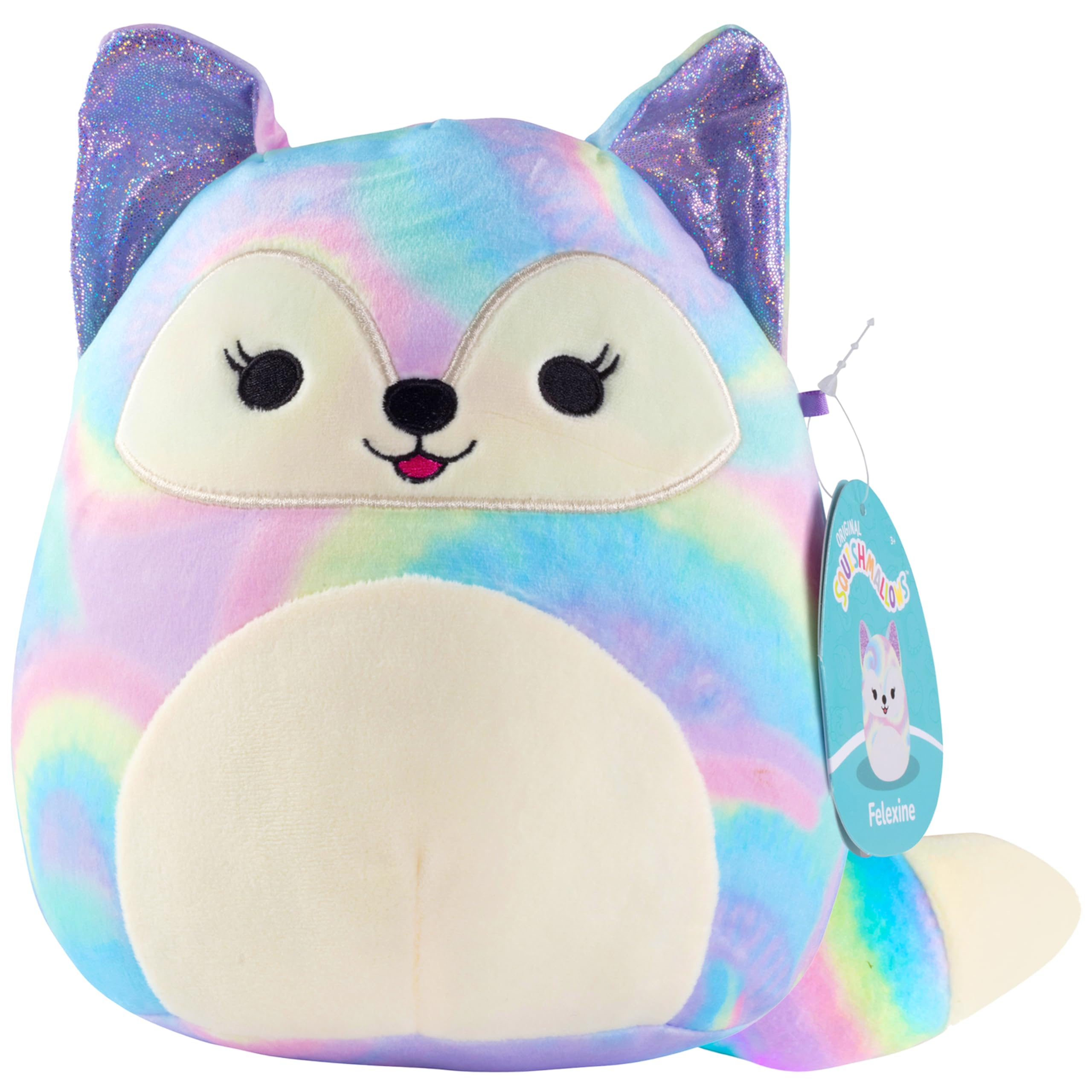 Squishmallows Felexine Rainbow Fox face close-up, a cuddly bedtime friend.