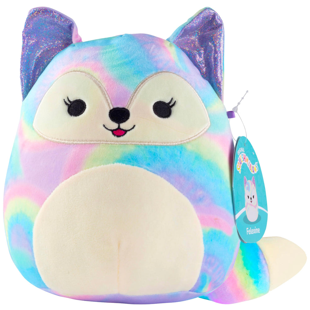 Squishmallows Felexine Rainbow Fox face close-up, a cuddly bedtime friend.