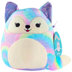 Squishmallows Felexine Rainbow Fox face close-up, a cuddly bedtime friend.