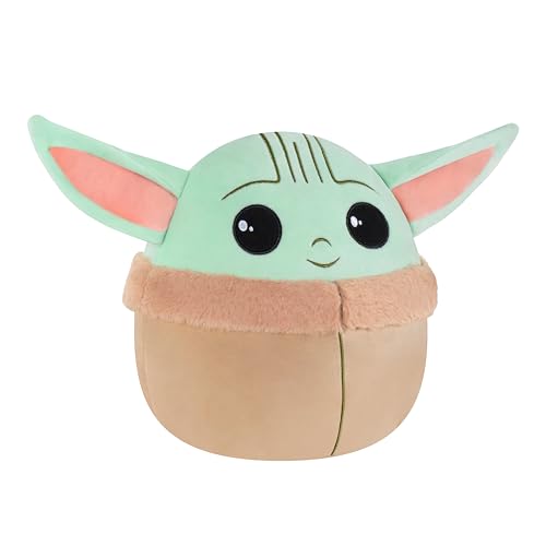 Grogu face detail on a Squishmallows plush showing cute Star Wars charm