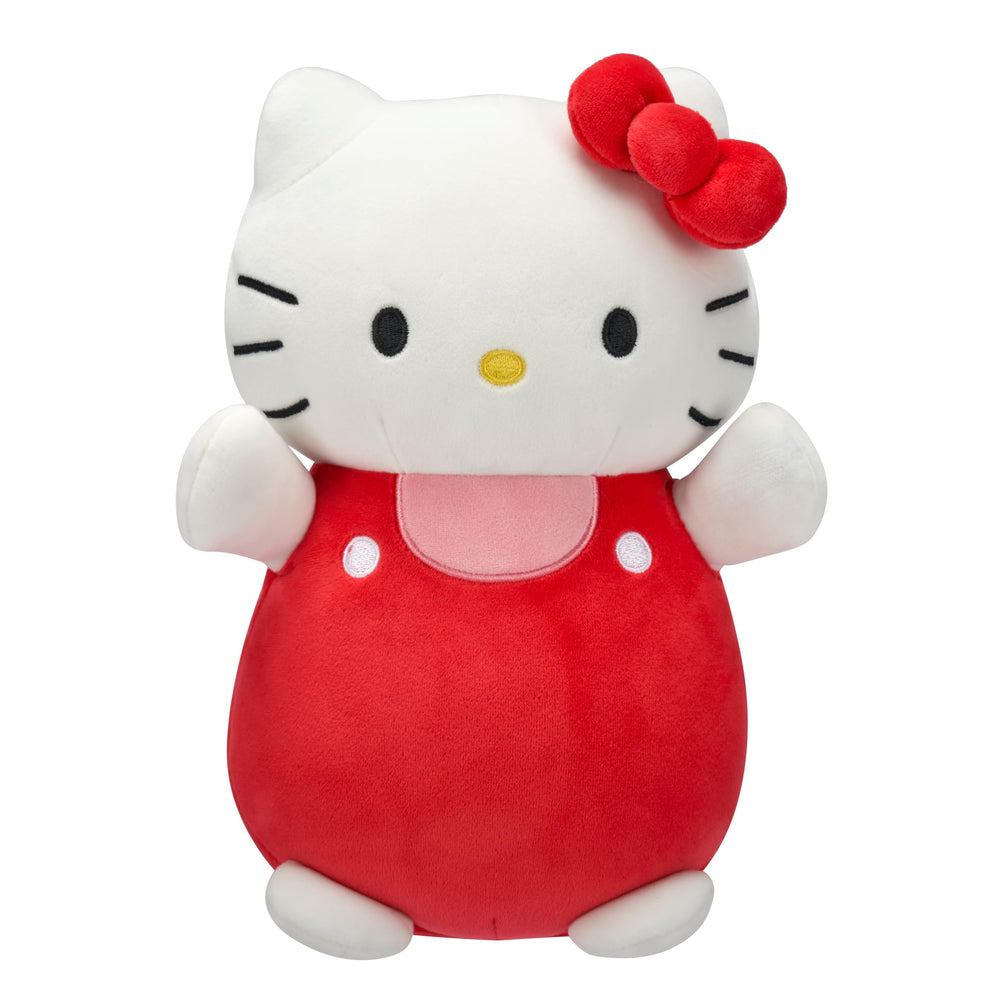 Squishmallows Hello Kitty red overalls hug, a portable cuddly companion.