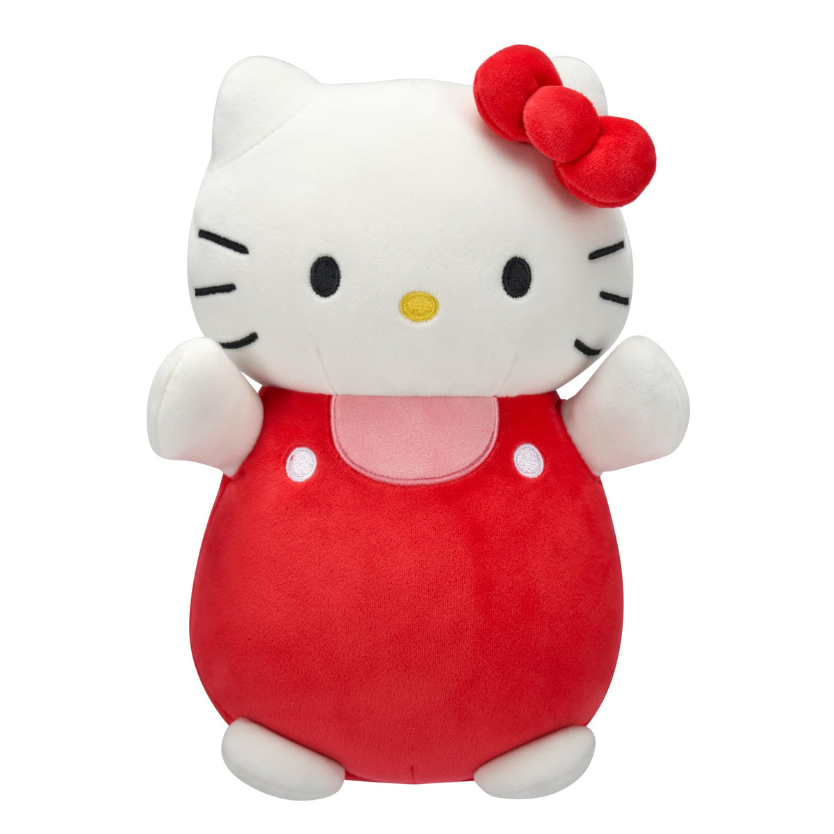 Squishmallows Hello Kitty red overalls hug, a portable cuddly companion.