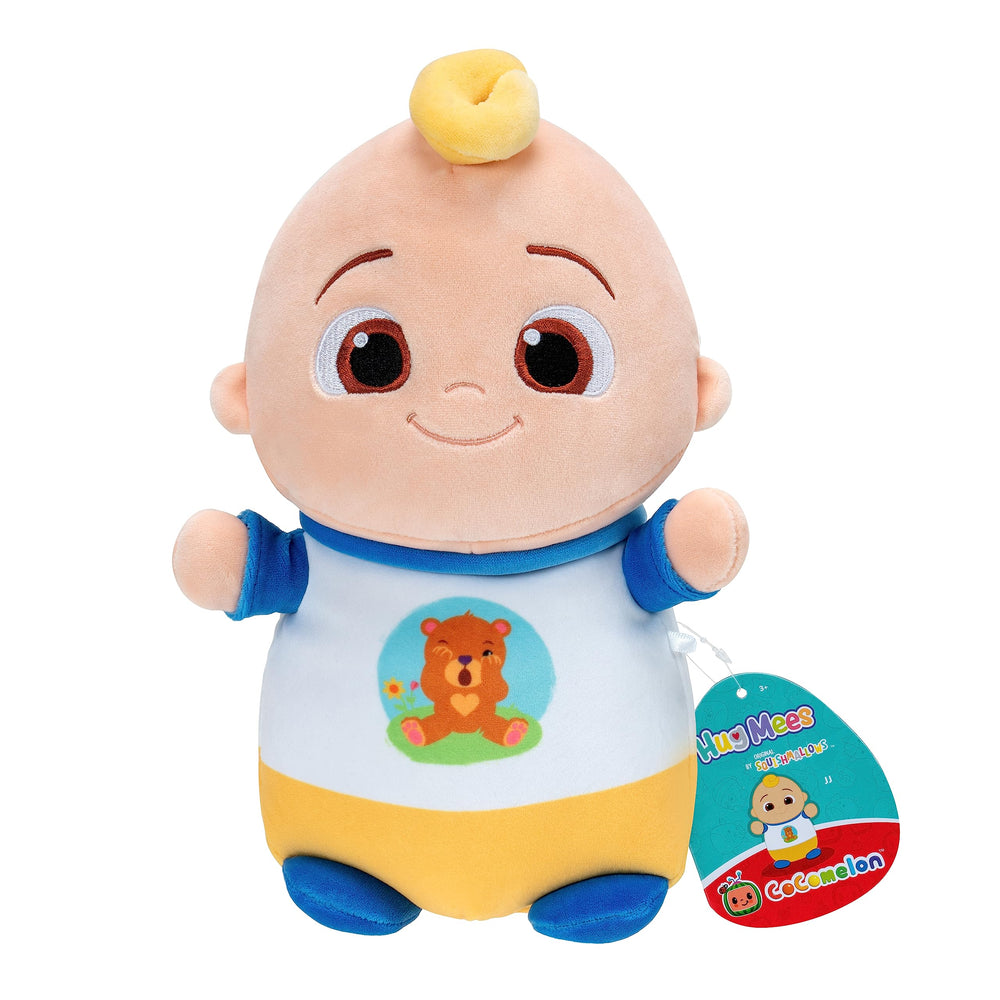 Squishmallows HugMees JJ cocomelon display: cuddly buddy for bedtime hugs.