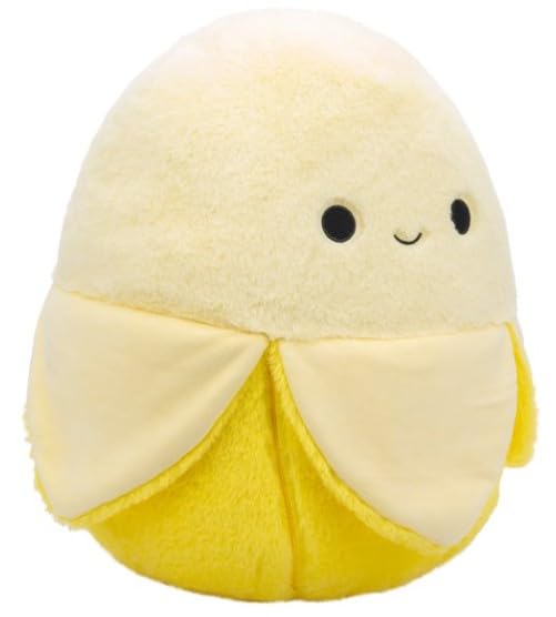 Squishmallows Junie yellow banana plush close-up face, ultra-soft texture supports comforting hugs.