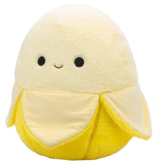 Squishmallows Junie yellow banana plush seated pose, kid-friendly travel buddy for adventures.