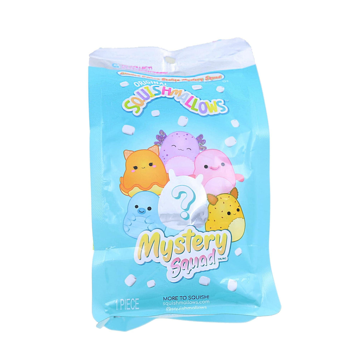 Squishmallows 2021 Sealife Mystery Squad bag packaging showcases a cuddly plush for play.