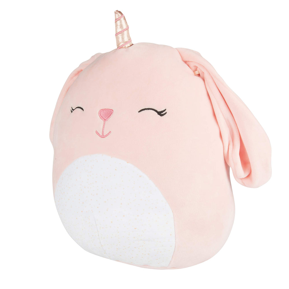 Close-up of Bunnycorn ear and face, pink plush, friendly expression.