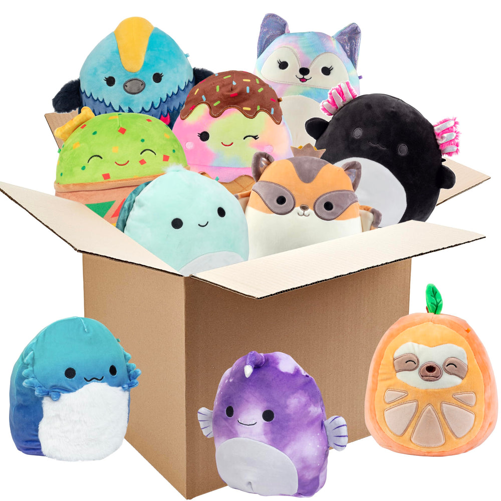 Squishmallows mystery 8-inch pack front view; three plush for cuddles.