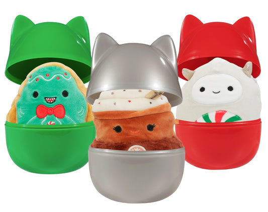 Squishmallows mystery capsules 3-pack front box, unboxing excitement and gift potential.