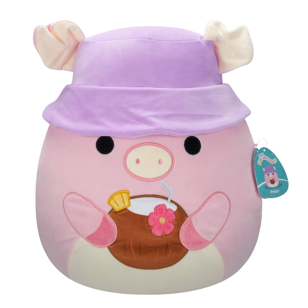 Squishmallows Peter pig with tropical drink and bucket hat offers cozy play and display appeal.