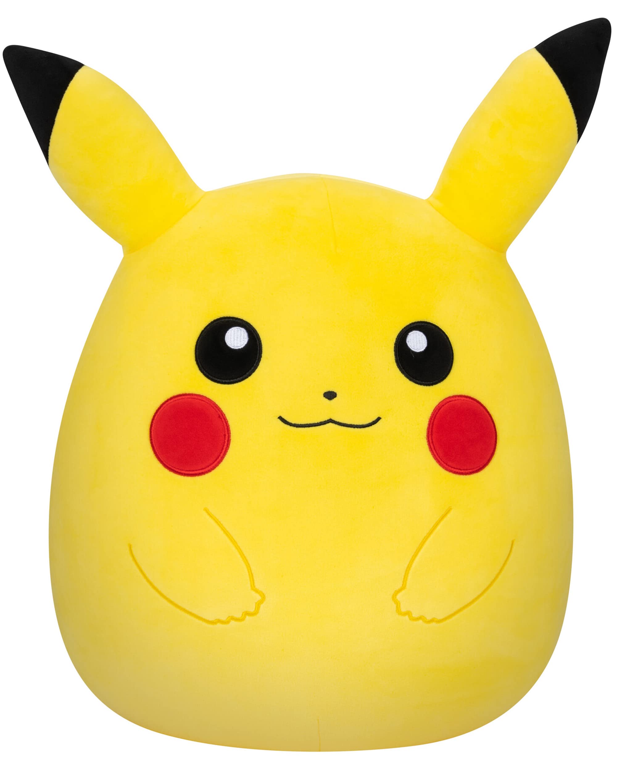 Squishmallows Pikachu 14-inch plush front view ultra-soft cuddle buddy for car rides.