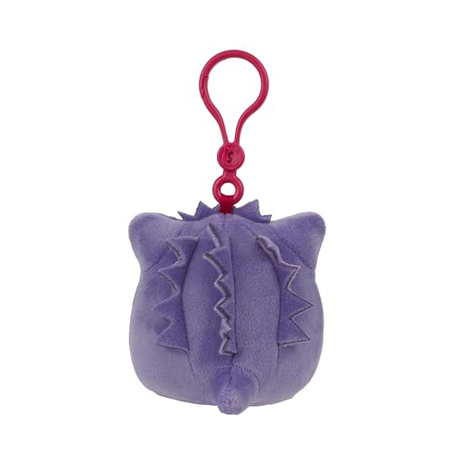 Squishmallows Pokémon Gengar clip car view demonstrates secure, travel-ready attachment for road trips.