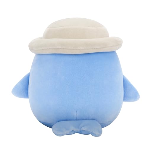 Tan bucket hat detail on Samir the blue whale plush.