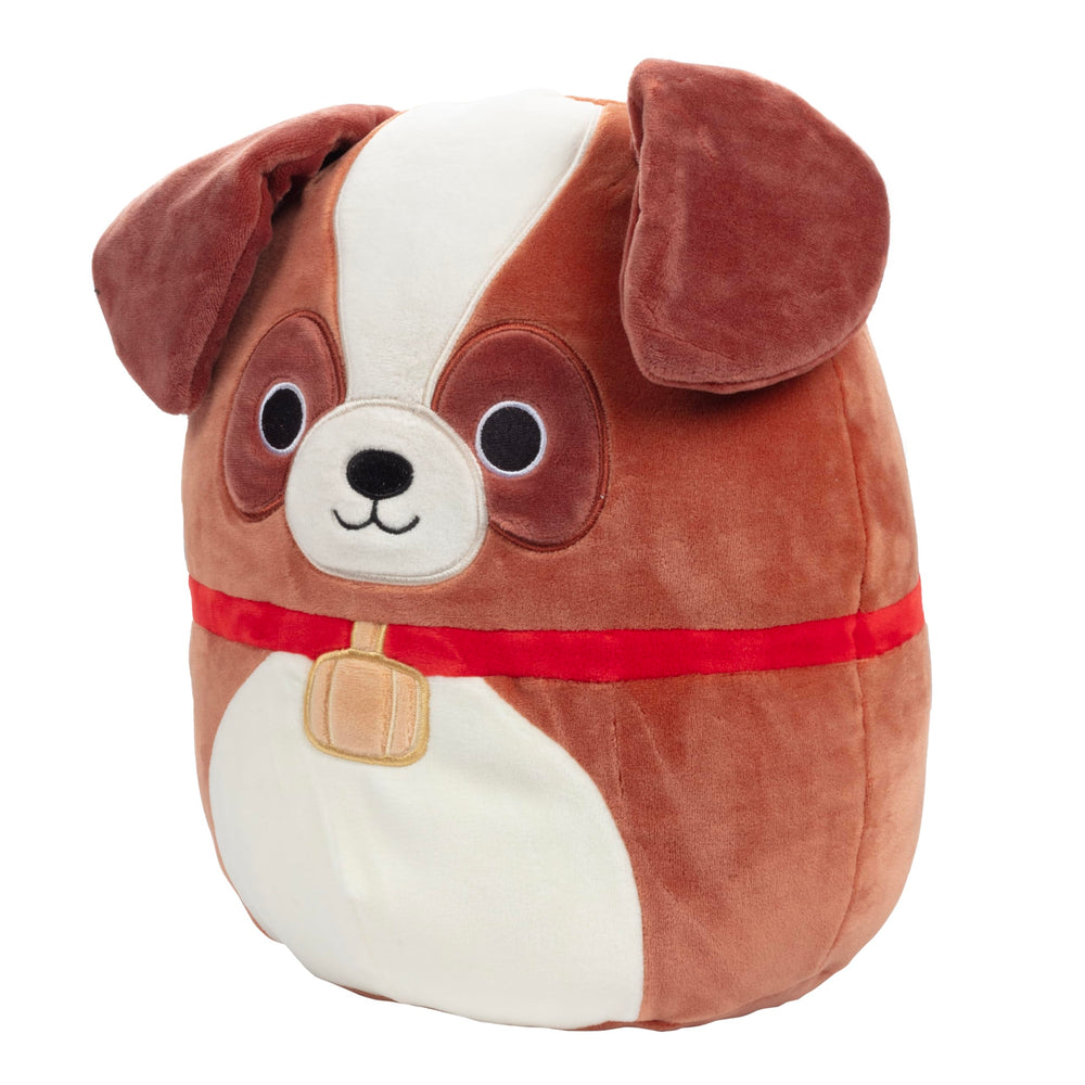 Close-up face of Sassafras—the St. Bernard—friendly, collectible cuddle buddy.