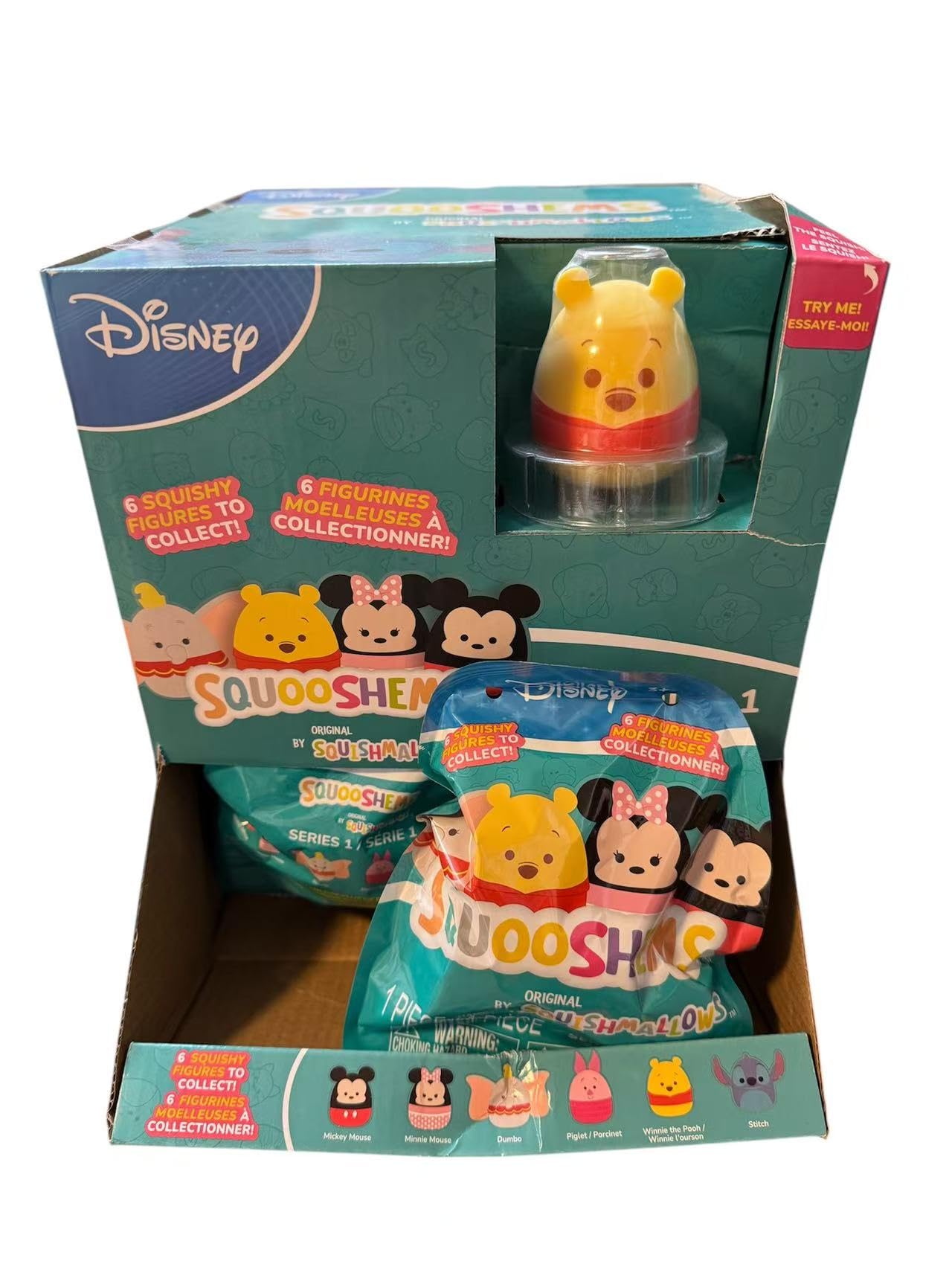 Squishmallows Squooshems Disney 3-Pack unboxing image, shows three mini squeezables for on-the-go fun