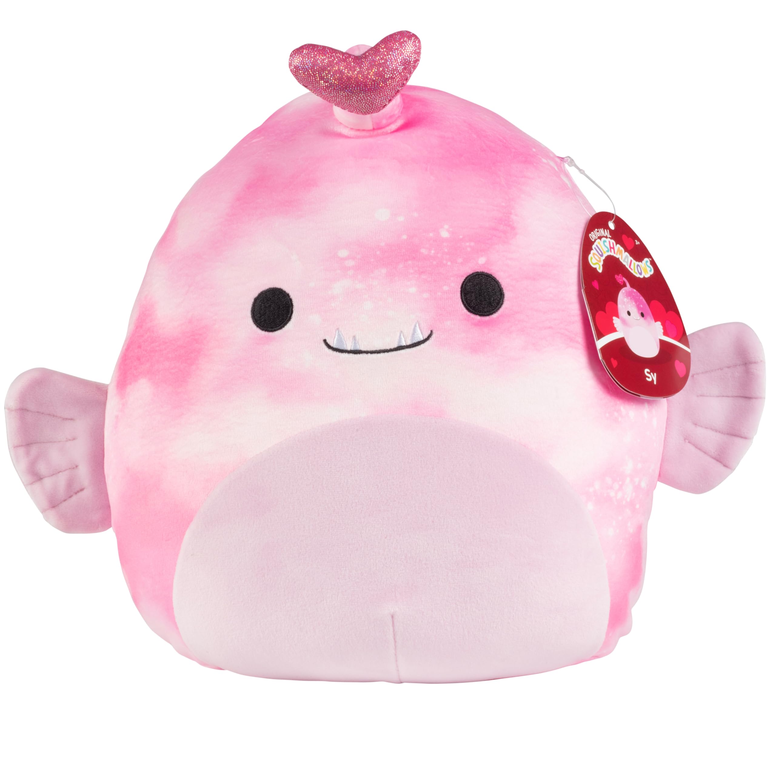 Squishmallows Sy the Pink Angler Fish cuddling pose with child for imaginative play.