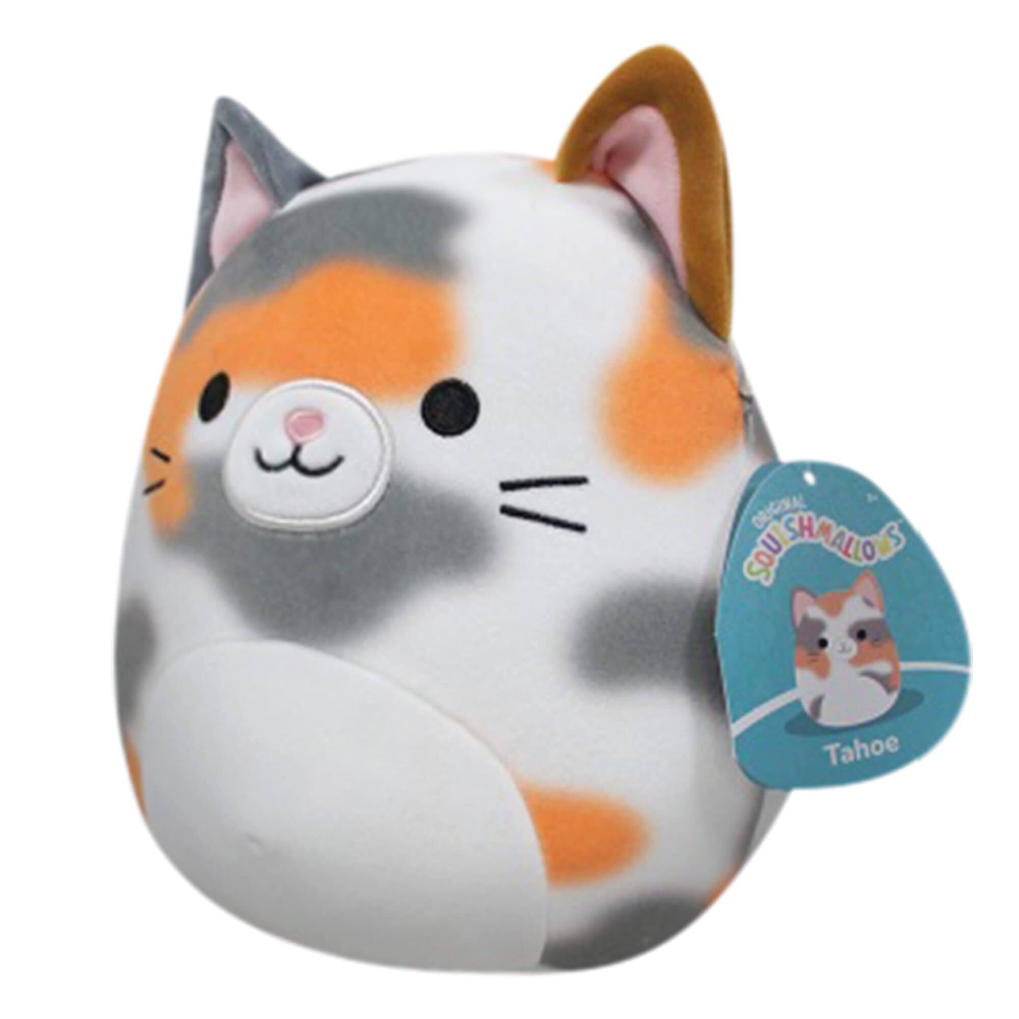Squishmallows Tahoe tortoiseshell cat face close-up highlighting ultrasoft fur.