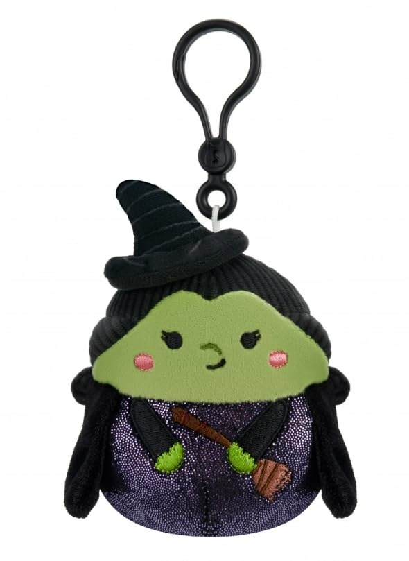 Squishmallows Wicked Elphaba clip-on plush, perfect for backpacks and keys, adding whimsy and softness.