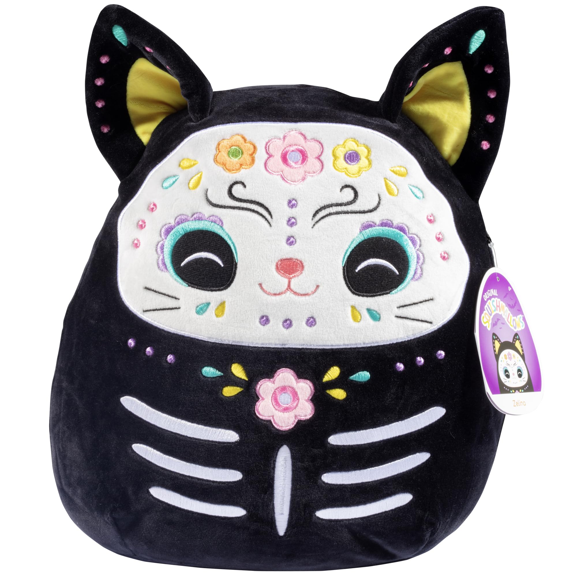 Squishmallows Zelina day-of-the-dead cat pillow with sugar skull details for cozy hugs.