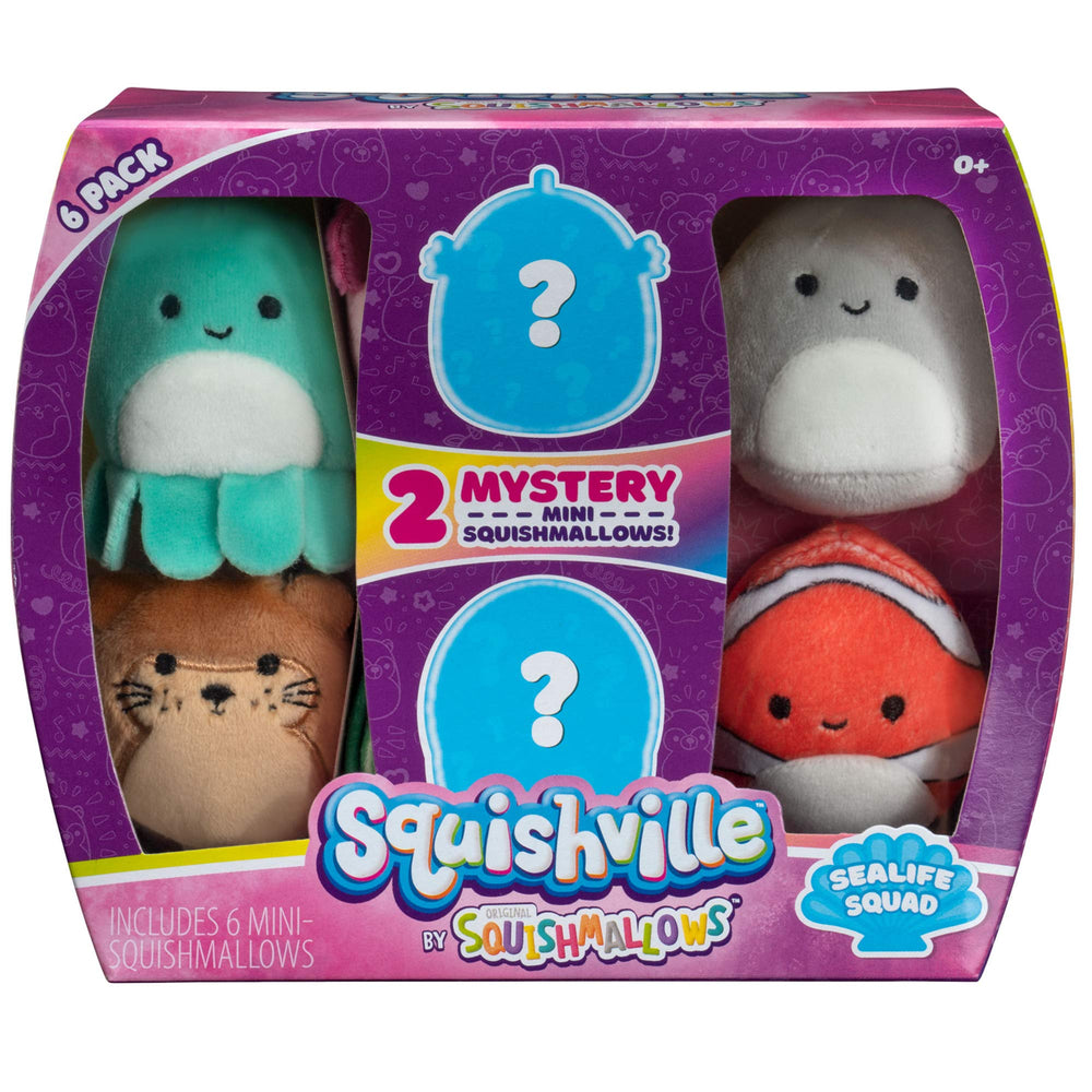 Squishville Sealife mini shark plush, compact and stackable for on-the-go fun.