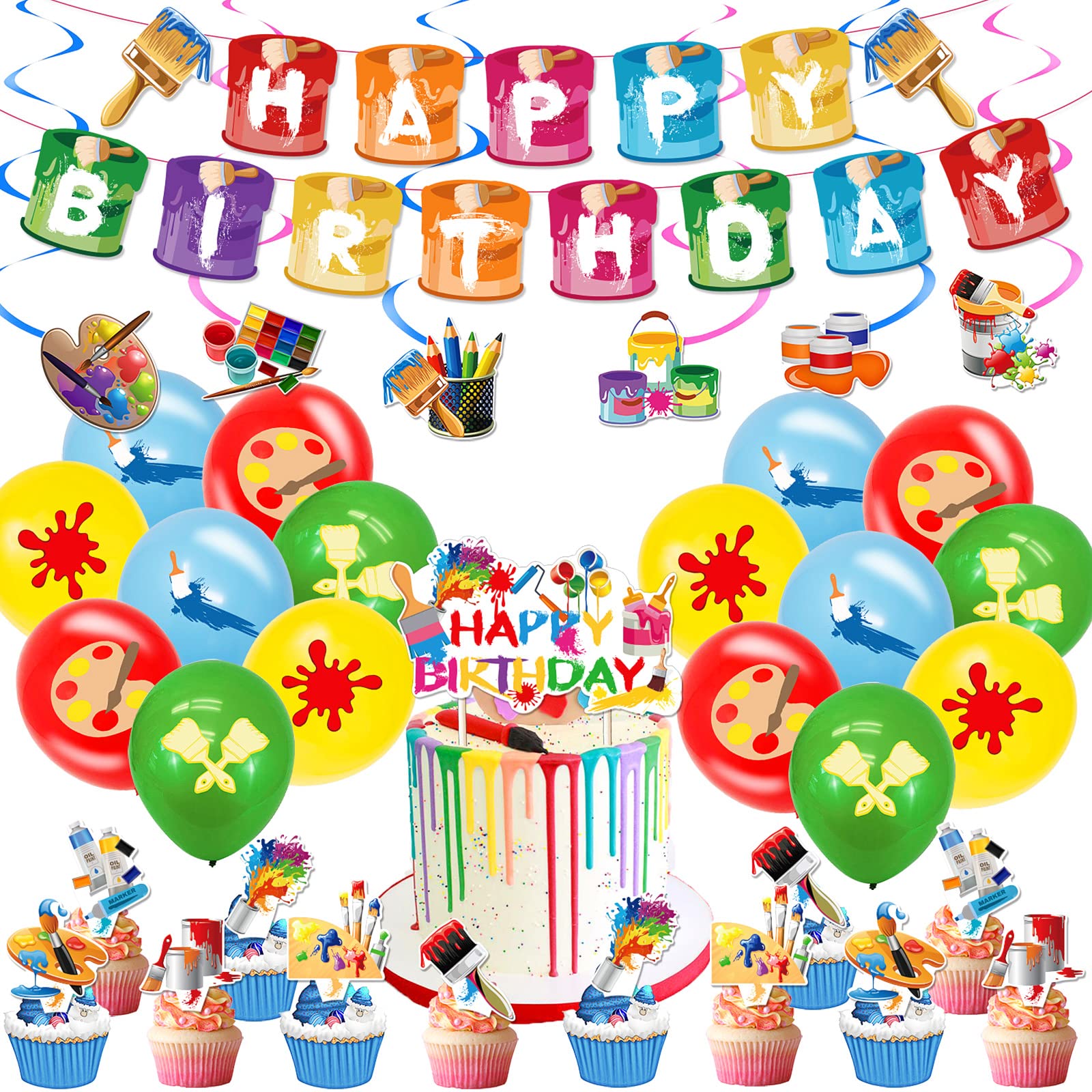 Sratte art balloons with paint-theme designs add vibrant color to birthday decor.