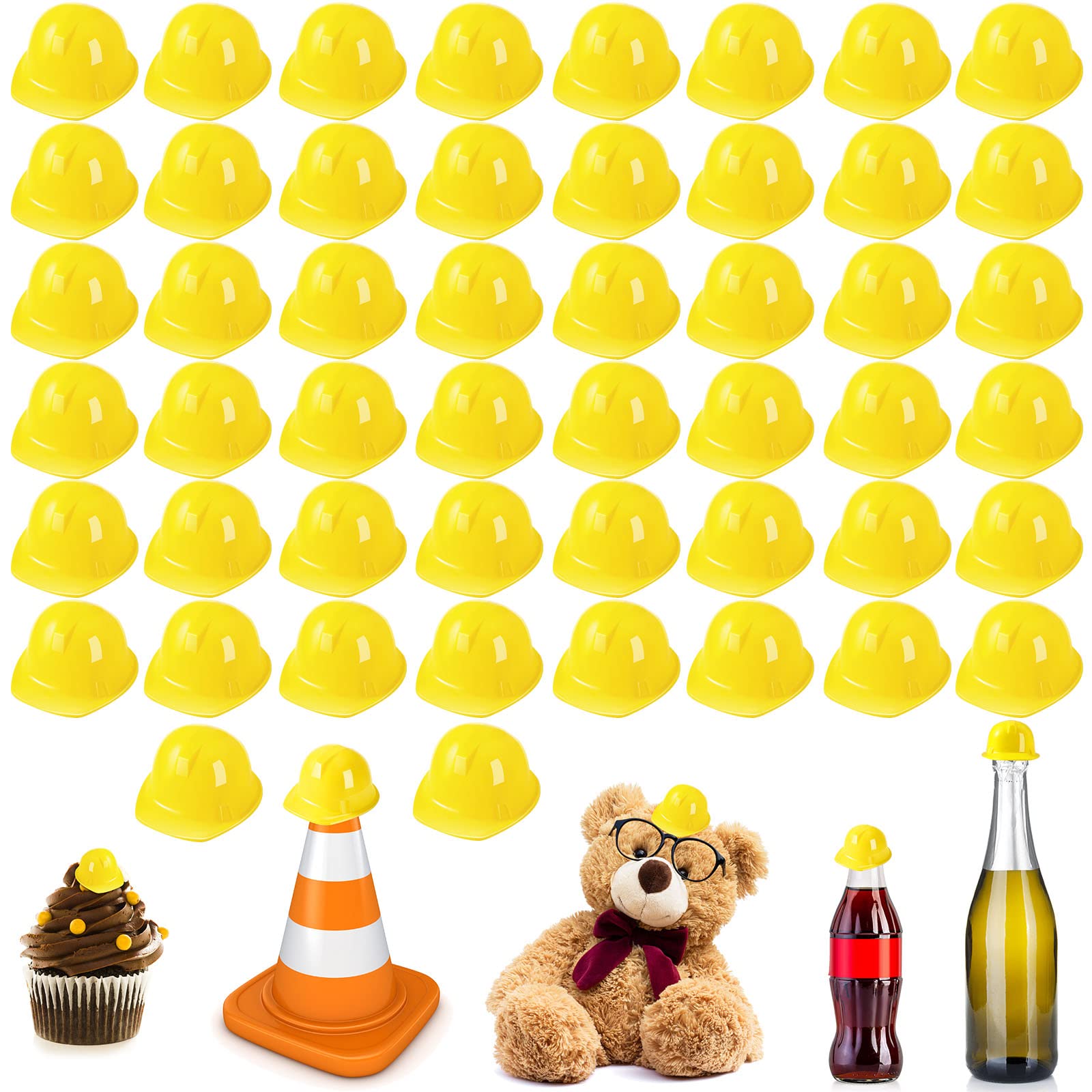 Sratte yellow miniature construction hats as bottle toppers for festive decor