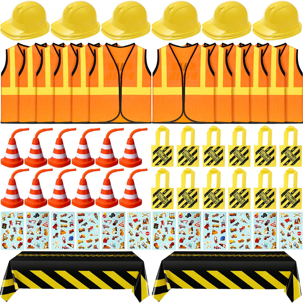 Sratte construction party set contents for themed birthday celebrations.
