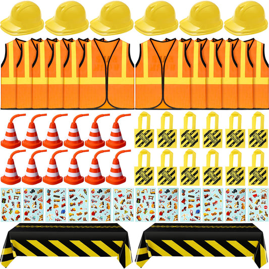 Sratte construction party set contents for themed birthday celebrations.